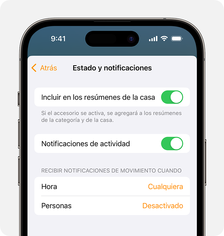 La opción Incluir en los resúmenes de la casa está activada en la parte superior de la pantalla de Estado y notificaciones