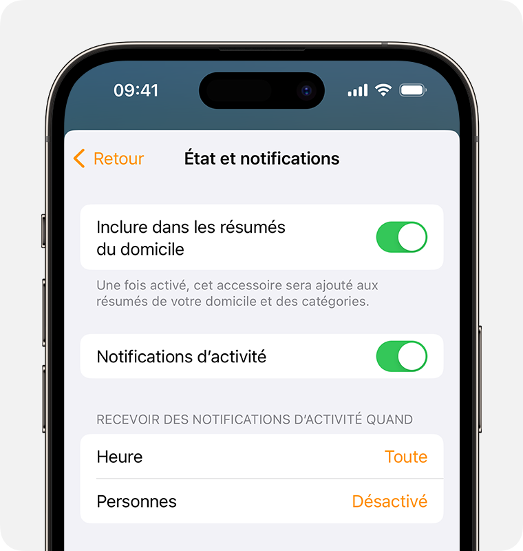 L’option Inclure dans les résumés du domicile est activée en haut de l’écran État et notifications