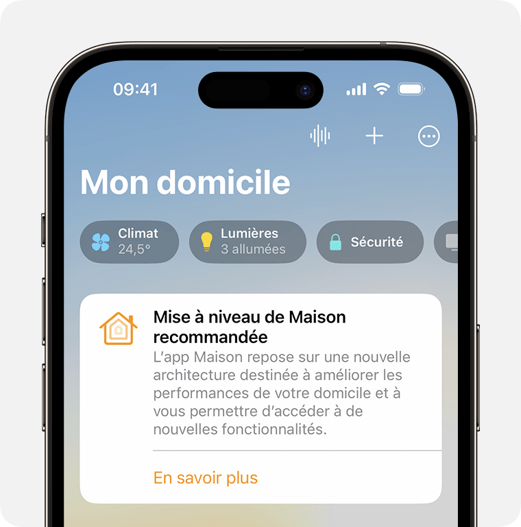 Affichage de la notification Mise à niveau de Maison recommandée dans l’onglet Accueil de l’app Maison