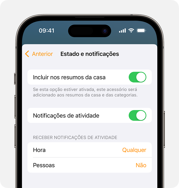 A opção Incluir nos resumos da casa é ativada na parte superior do ecrã de Estado e notificações