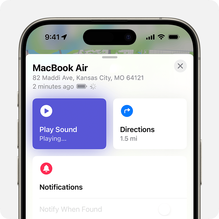 Después de seleccionar la Mac, puedes elegir Reproducir sonido, obtener indicaciones para llegar a su ubicación o activar Notificar cuando se encuentre 