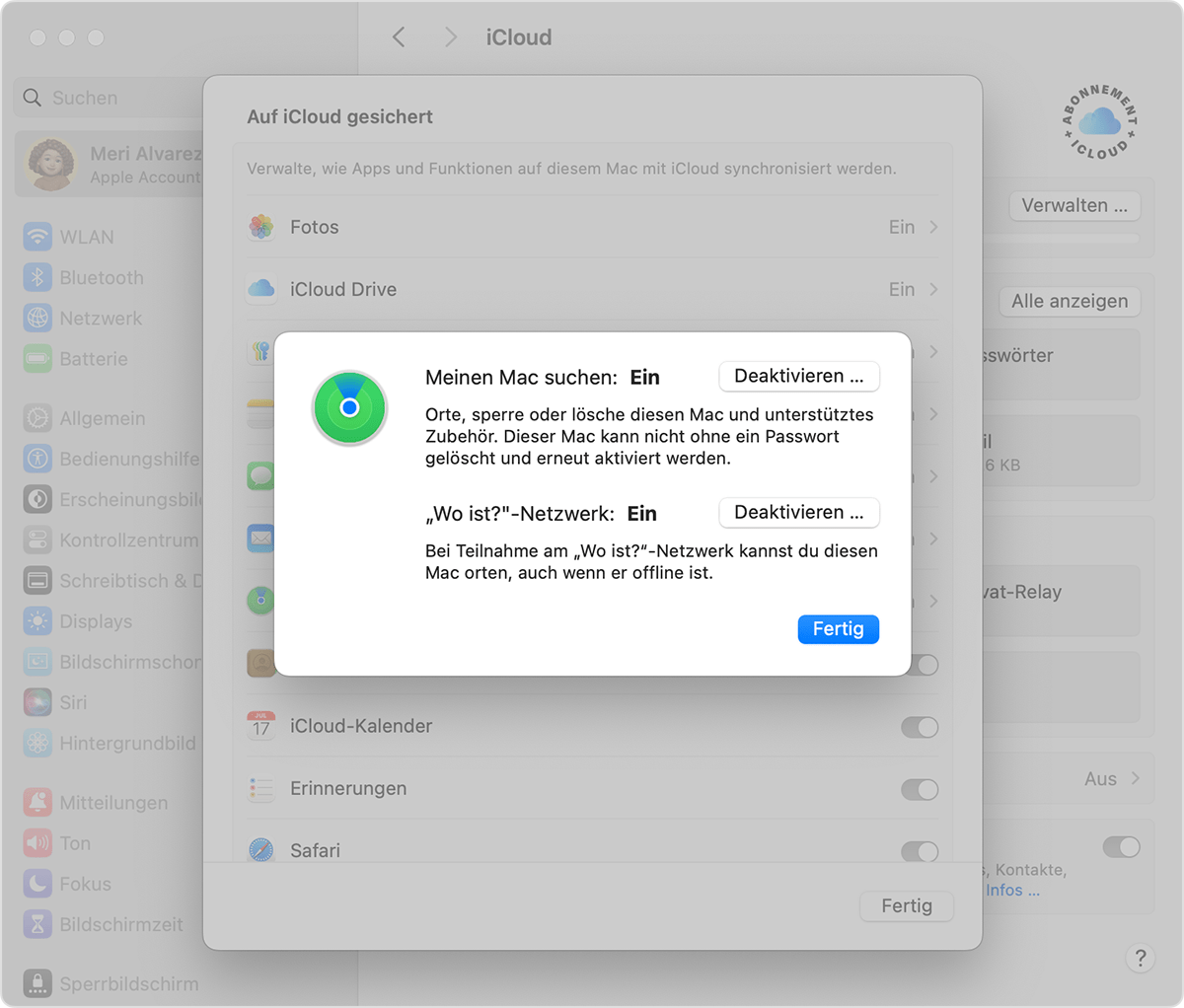 macOS-Bildschirm mit der Einstellung zum Aktivieren von „Wo ist?“