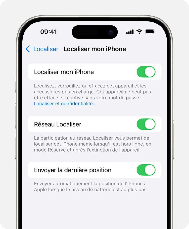 L’écran d’un iPhone affichant les réglages de Localiser