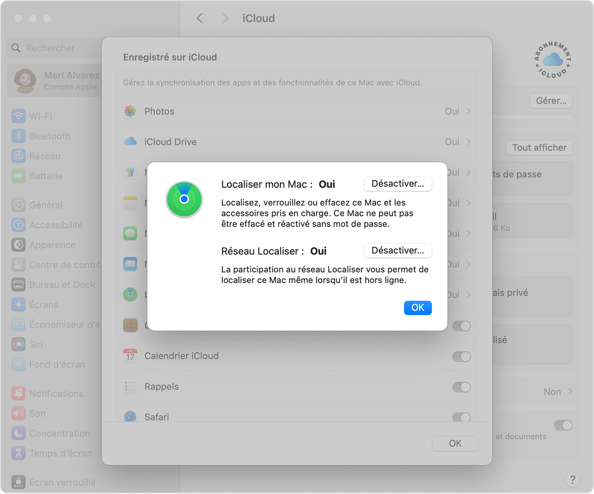 Un écran macOS affichant le réglage permettant d’activer Localiser
