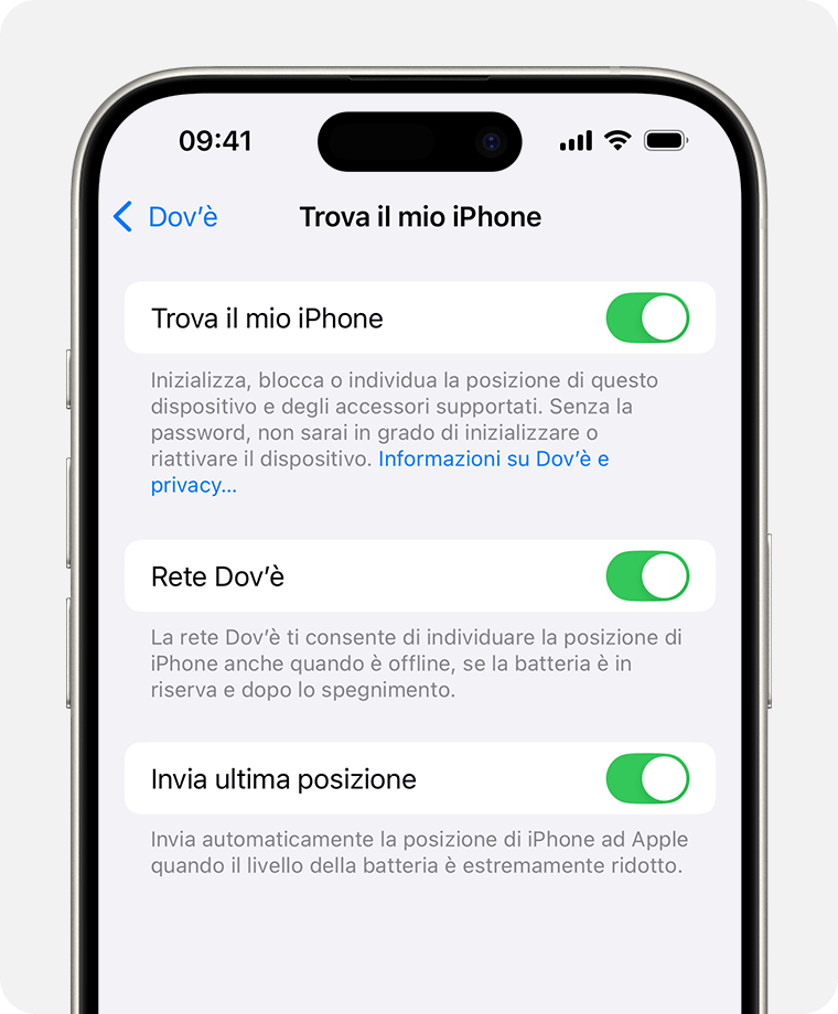 Schermata di iPhone che mostra le impostazioni di Dov'è