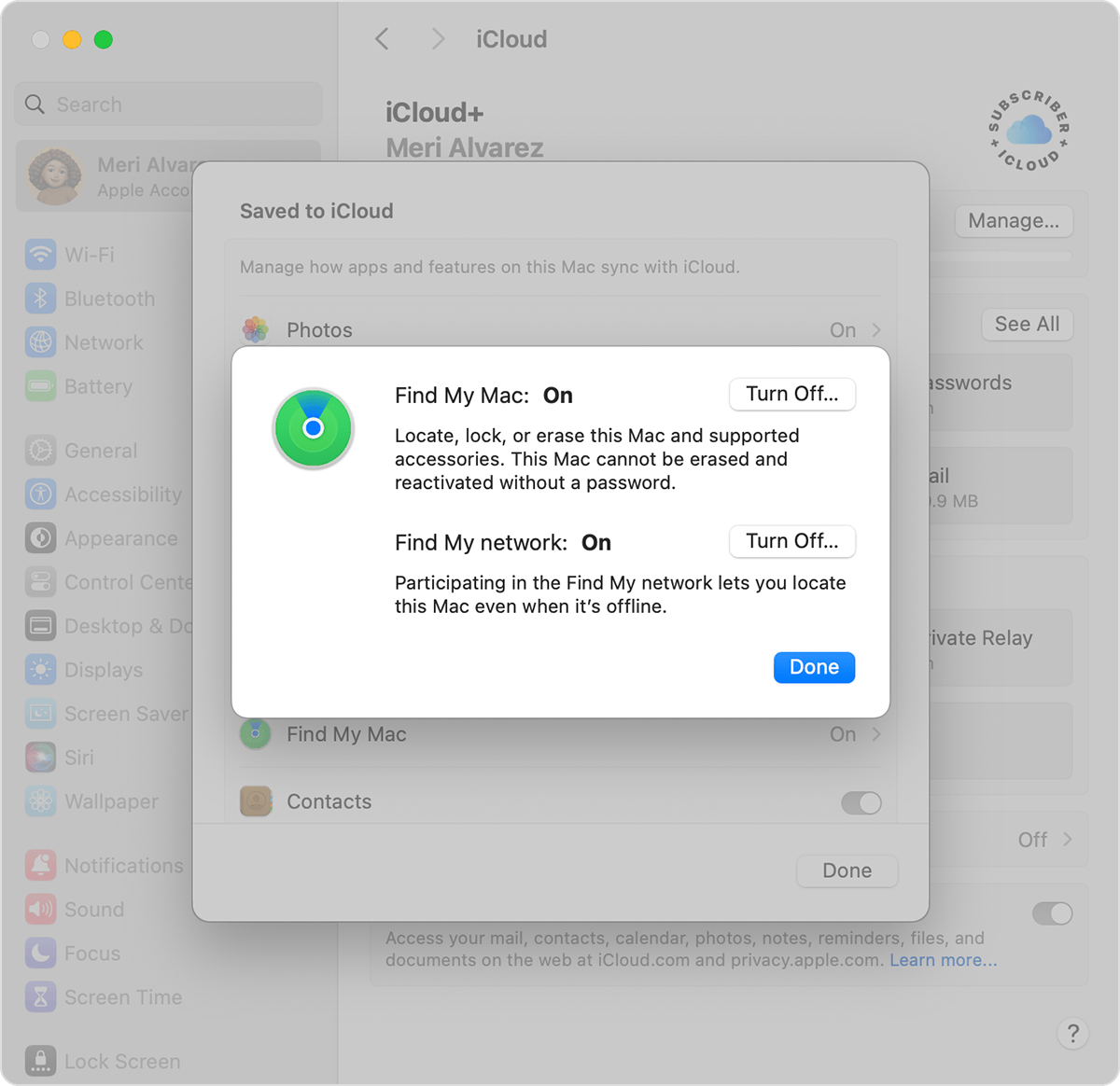 macOS screen showing the setting to enable Find My