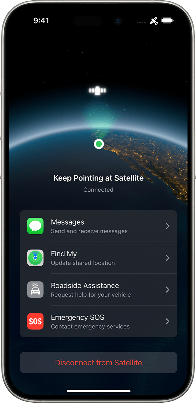 Asistente de Conexión en un iPhone conectado a un satélite. Los botones para enviar y recibir mensajes, usar Encontrar, solicitar asistencia en carretera y comunicarse con los servicios de emergencia se incluyen en la app.