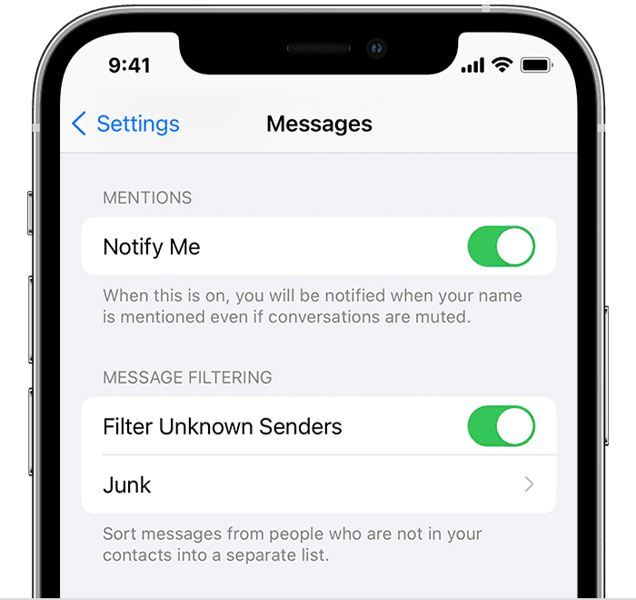 In the Settings app, you can enable Filter Unknown Senders for Messages.