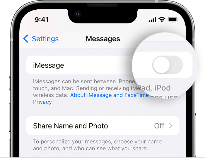 Per disattivare iMessage, tocca l'interruttore.