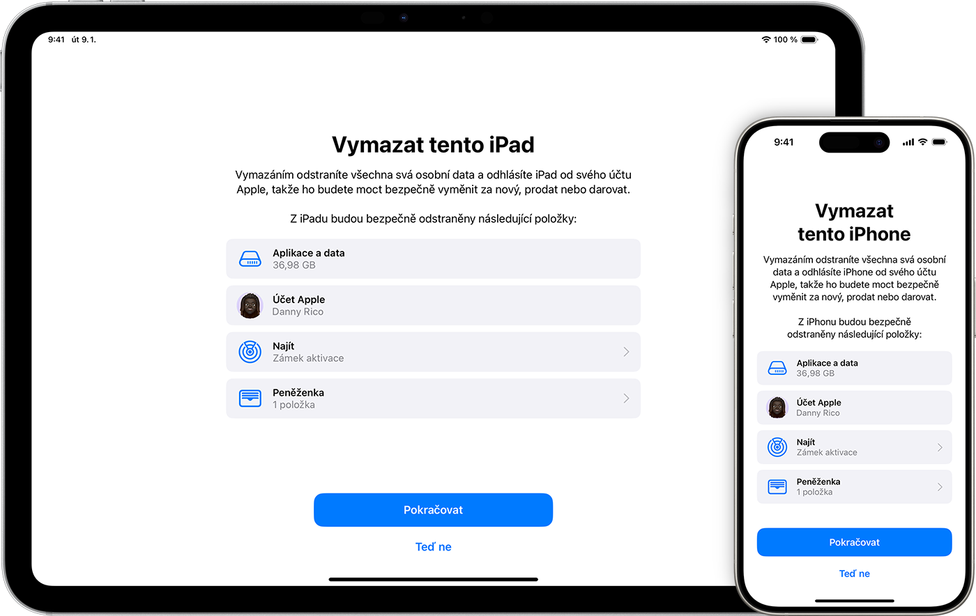 iPad a iPhone zobrazující položky, které budou odstraněny, pokud zařízení vymažete