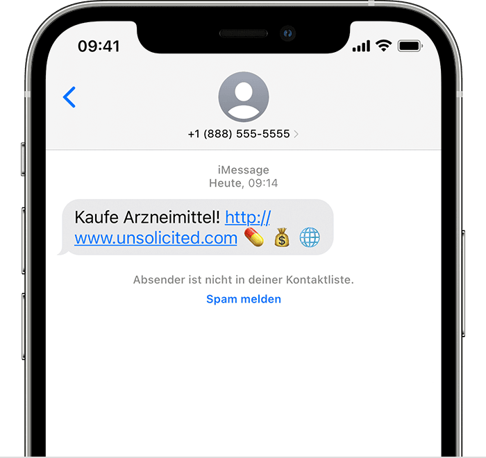 iPhone mit der Option, eine iMessage als Spam zu melden