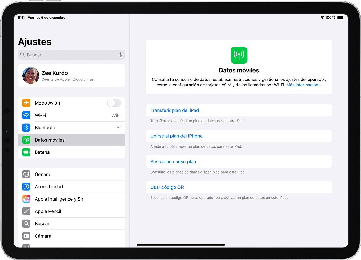 Pantalla de iPad Pro con las opciones del plan de datos móviles para configurar la eSIM.