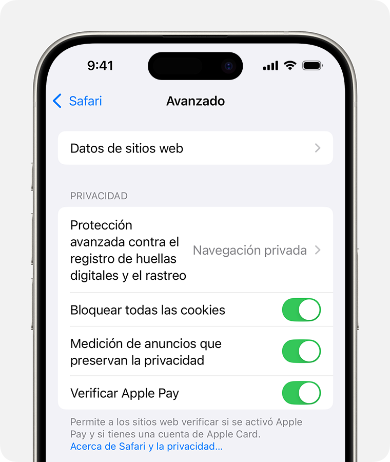 Un iPhone en el que se muestra la configuración de Safari. La opción Bloquear todas las cookies está activada.