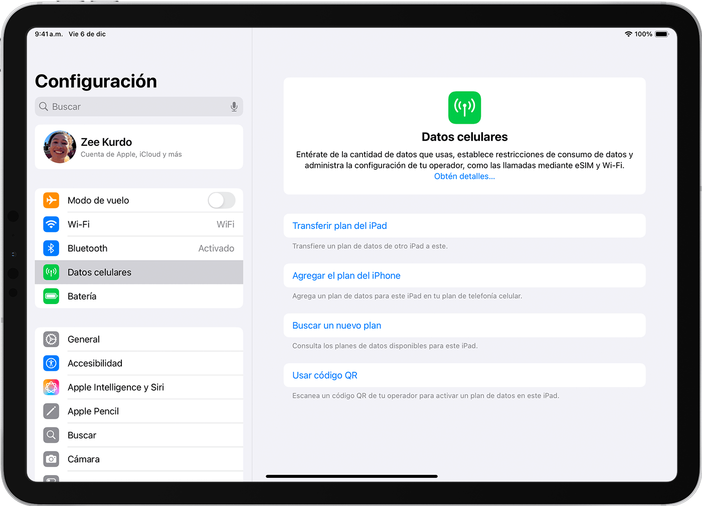 Pantalla del iPad Pro en la que se muestran opciones de planes de datos celulares para configurar una eSIM.