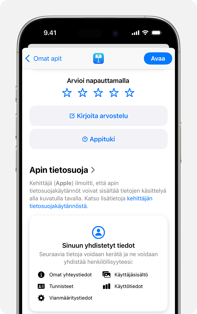 iPhonessa näkyy Keynote-apin kuvaussivu. Ylälaidassa näkyy 5 tähteä, joiden avulla voit arvioida apin, arvostelun kirjoituspainike ja Appituen painike.