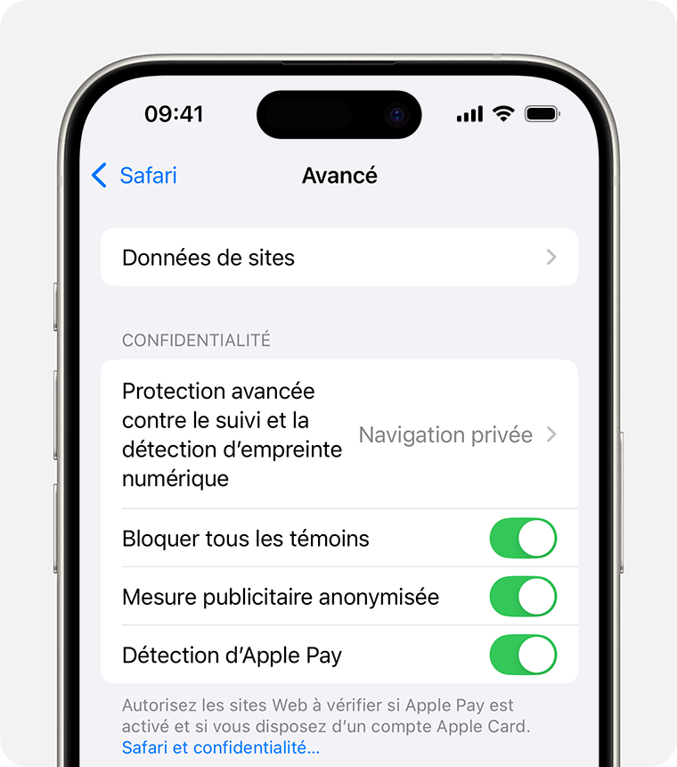 Un iPhone affichant les réglages de Safari. Le commutateur Bloquer tous les témoins est activé.