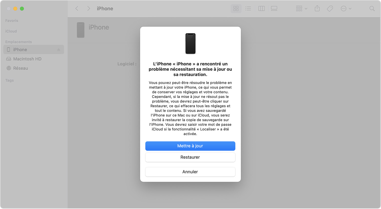 Une fenêtre du Finder sur un Mac qui affiche des options de restauration ou de mise à jour de votre iPhone