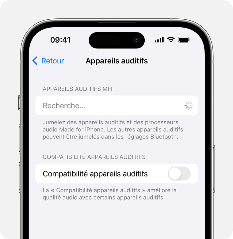 Réglages des appareils auditifs lors de la recherche d’appareils MFi