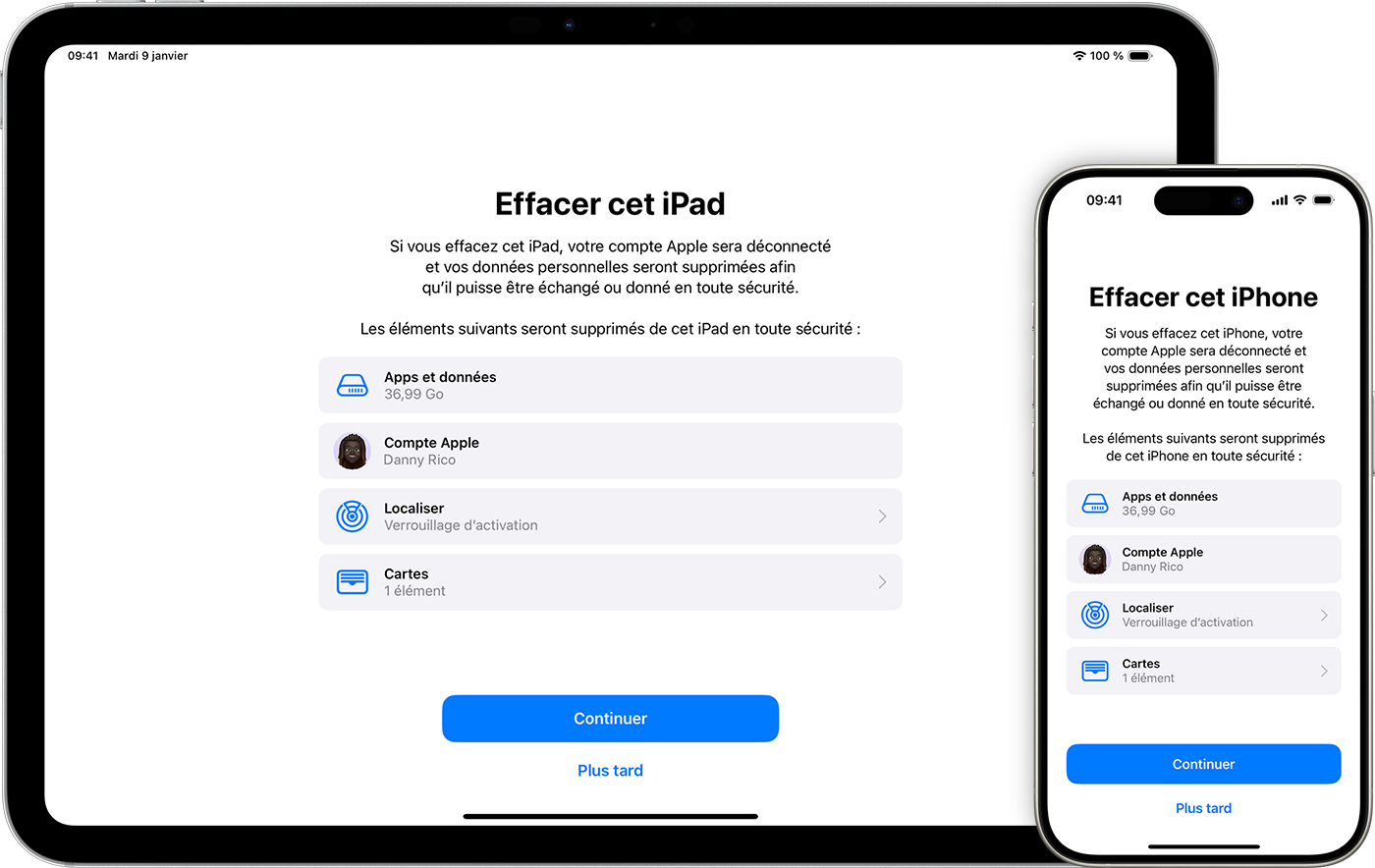 iPad et iPhone montrant les éléments qui sont supprimés si vous effacez votre appareil