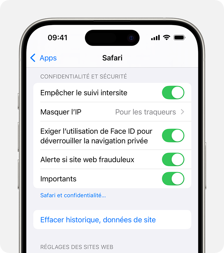 iPhone affichant les réglages Safari. Au bas de la section Confidentialité et sécurité, un bouton Effacer historique, données de site.