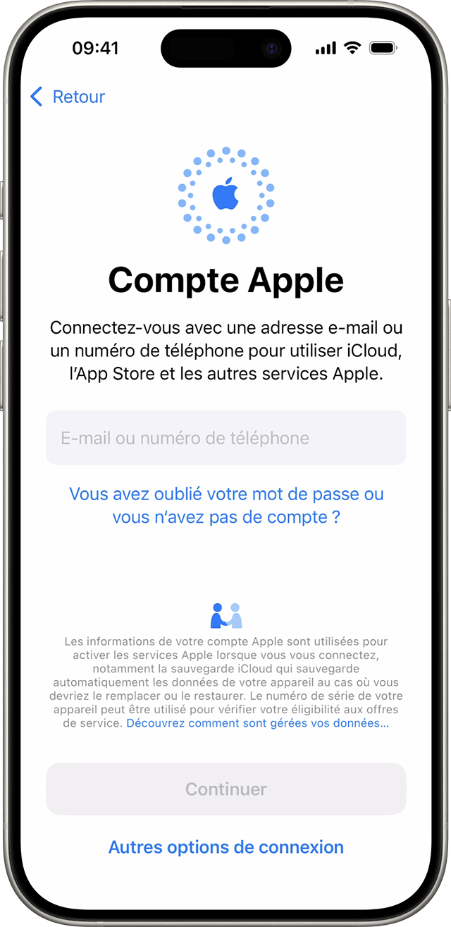 Utilisez votre adresse e-mail ou votre numéro de téléphone pour vous connecter avec votre compte Apple pendant le processus de configuration de l’iPhone sous iOS 18.