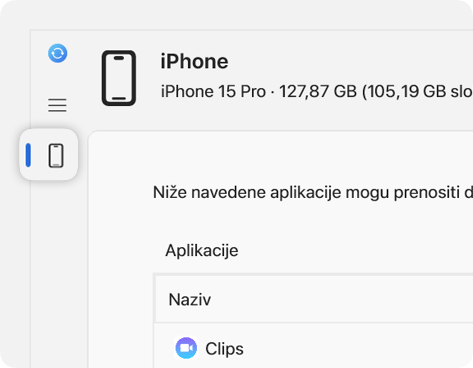 Aplikacija Apple uređaji koja prikazuje vaš povezani uređaj u rubnom stupcu