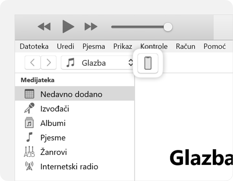 Prozor aplikacije iTunes koji prikazuje ikonu povezanog uređaja u gornjem desnom kutu