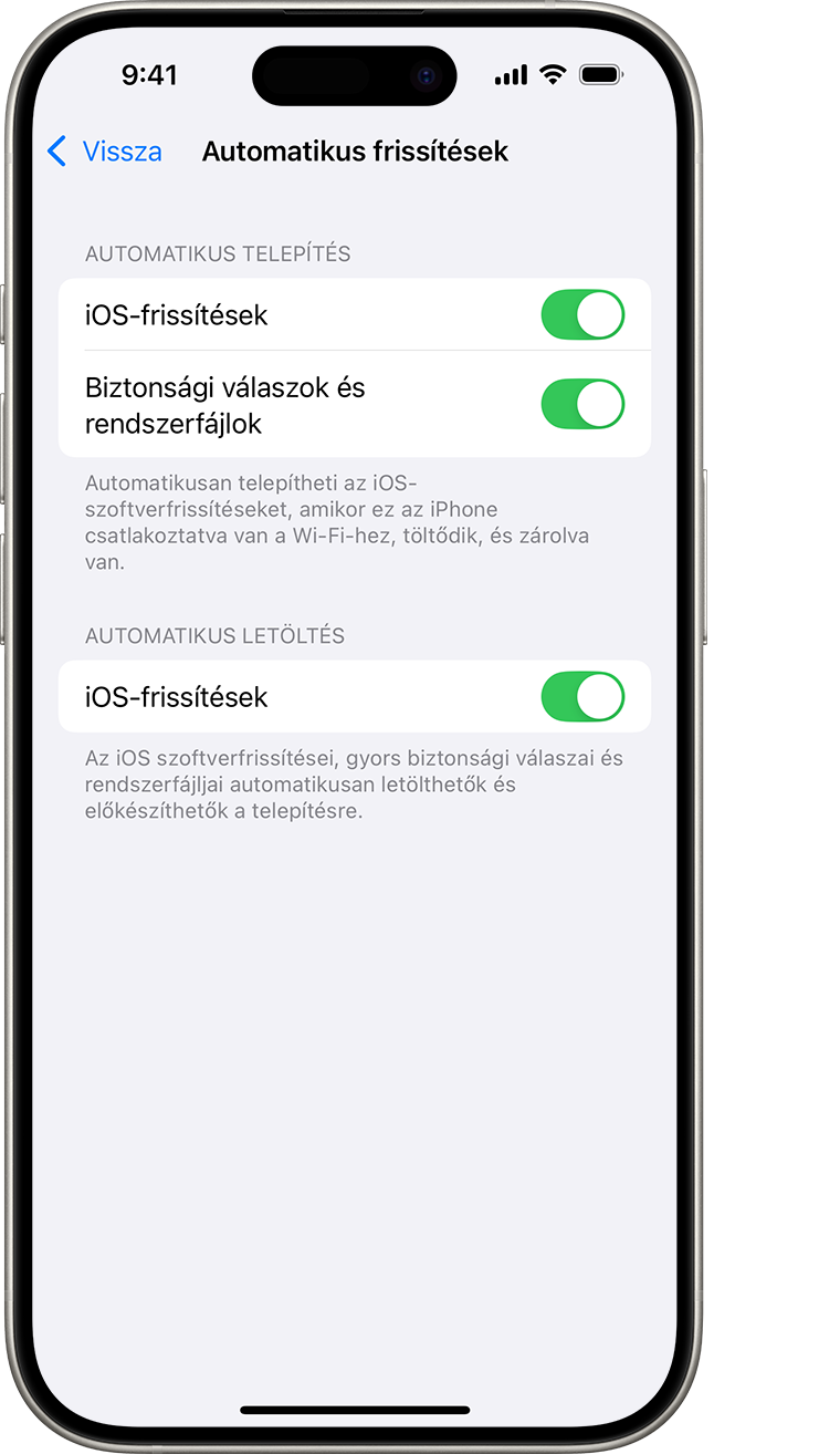 Egy iPhone, amelyen az Automatikus frissítések képernyő látható