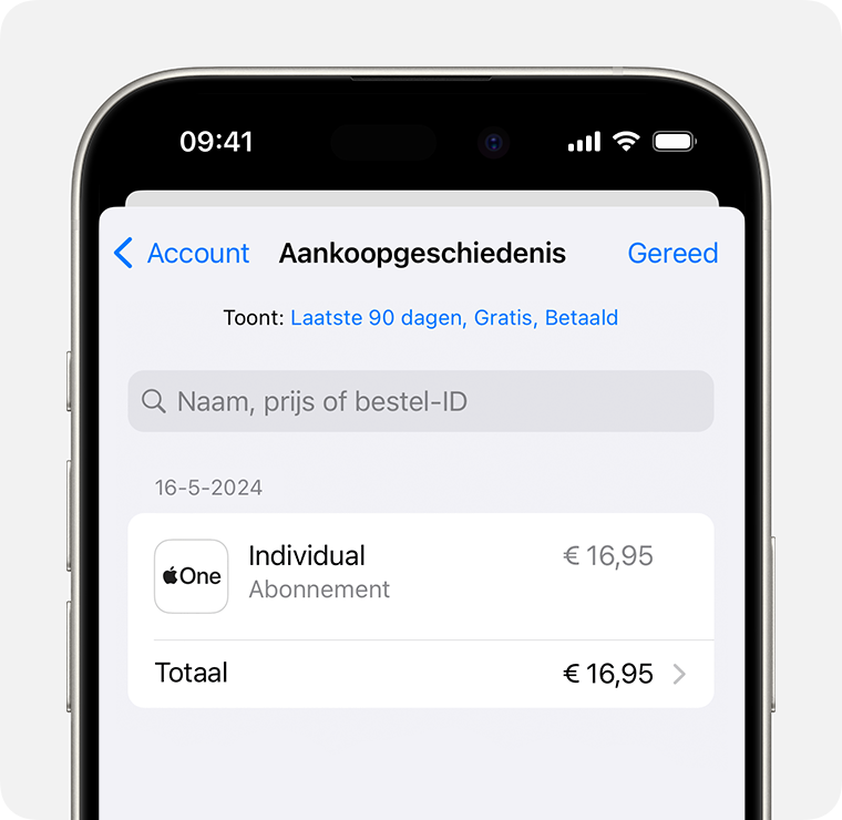 Een afbeelding met 'Aankoopgeschiedenis' op een iPhone