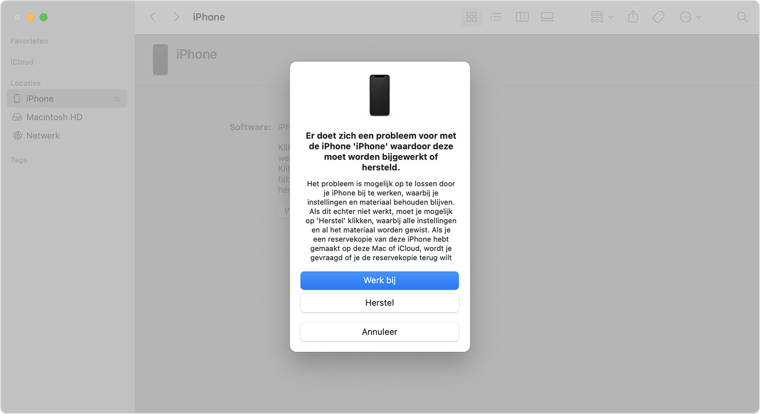 Een Finder-venster op een Mac met opties om de iPhone te herstellen of bij te werken