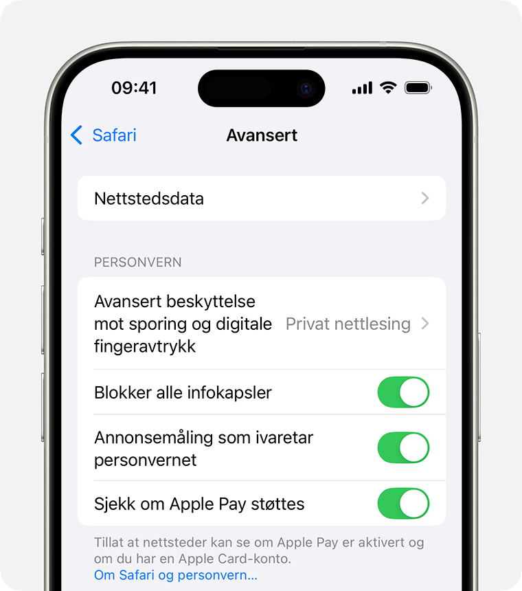 En iPhone som viser Safari-innstillingene. Blokker alle infokapsler er slått på.