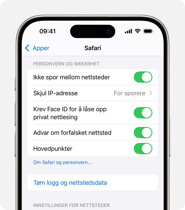 En iPhone som viser Safari-innstillingene. Nederst i delen Personvern og sikkerhet er det en Tøm logg og nettstedsdata-knapp.