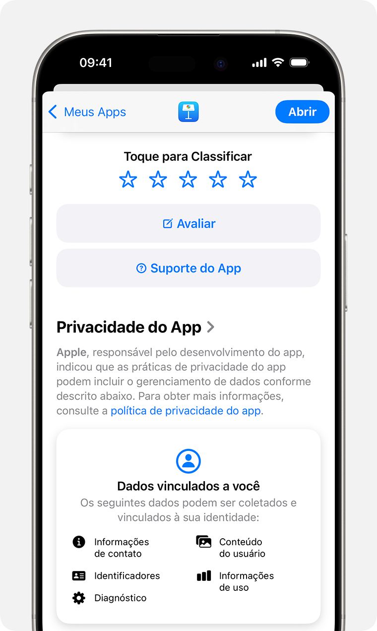 Em um iPhone, a página de descrição do app do Keynote é exibida. Na parte superior, você vê 5 estrelas que pode usar para avaliar o app, um botão para escrever uma avaliação e um botão para o Suporte do App.