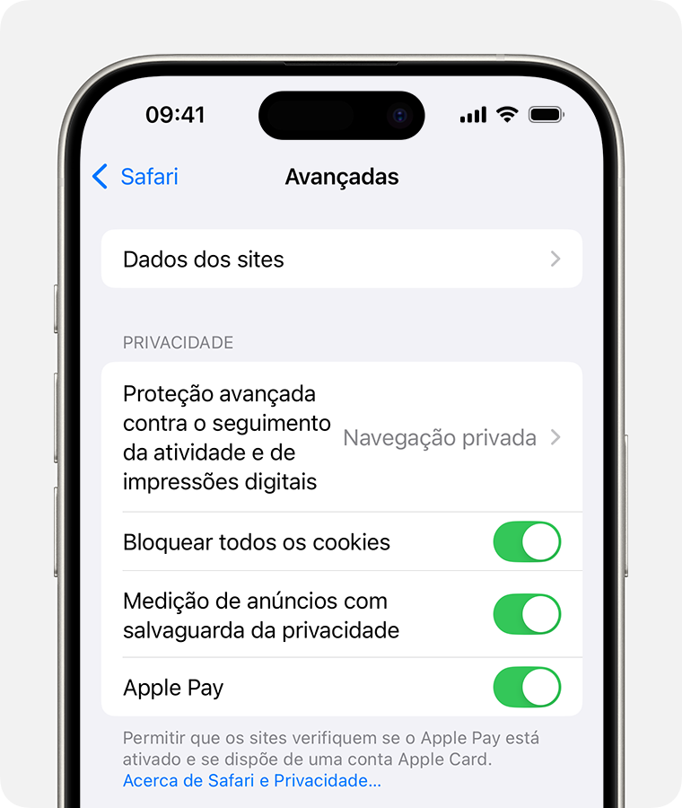 Um iPhone a mostrar as definições do Safari. O botão Bloquear todos os cookies está ativado.