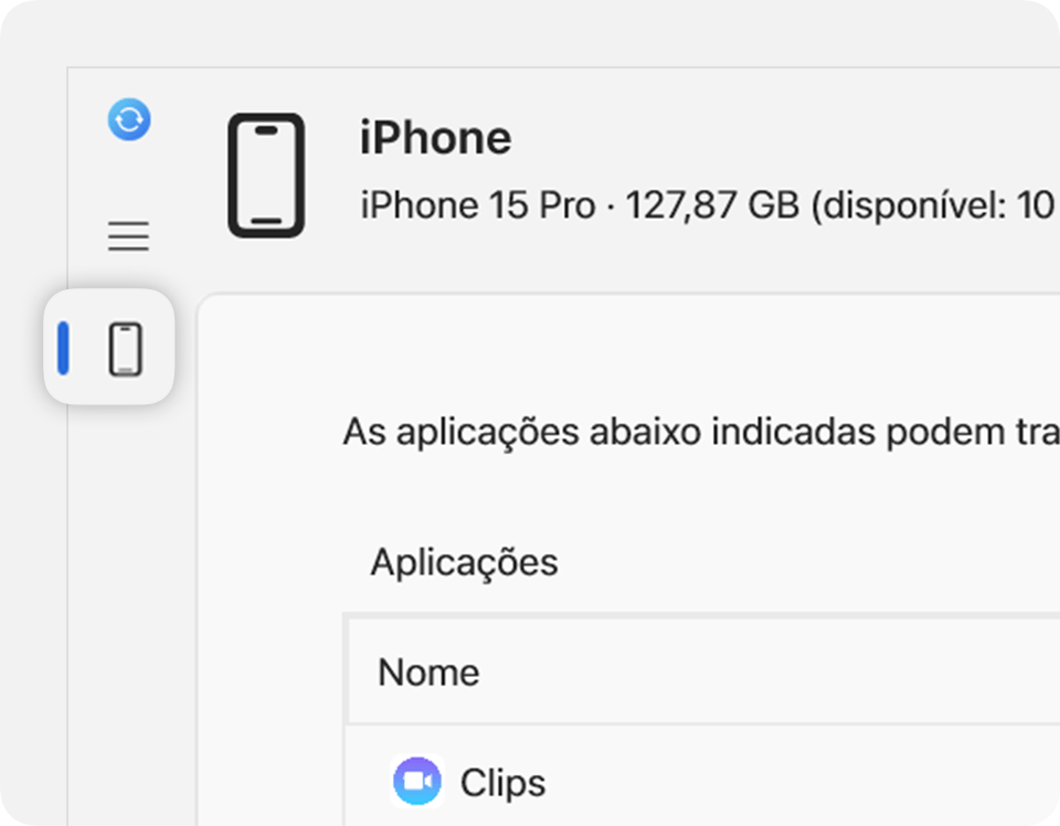 A app Dispositivos Apple a mostrar o dispositivo ligado na barra lateral