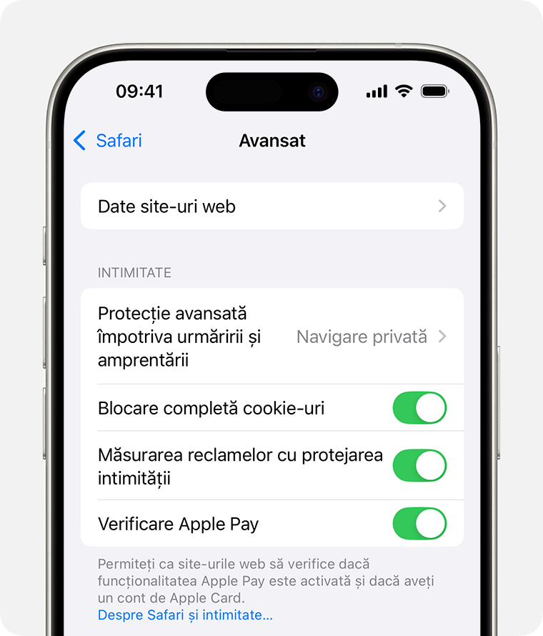 Un iPhone care afișează configurările Safari. Comutatorul Blochează toate cookie-urile este activat.