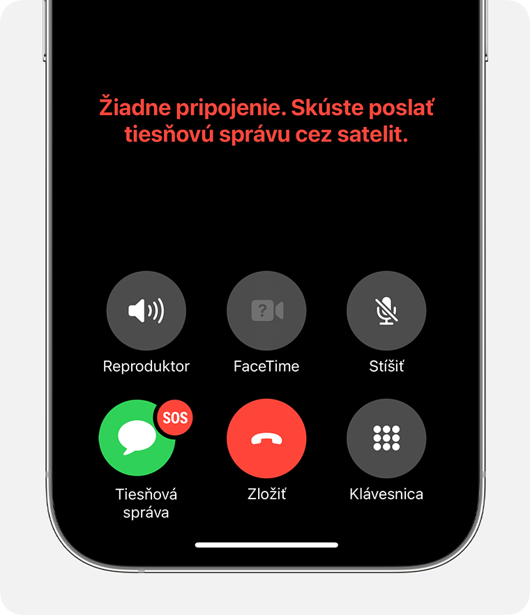 Ak ste mimo pokrytia mobilnou a Wi-Fi sieťou, môžete poslať textovú správu záchranným službám cez satelit.