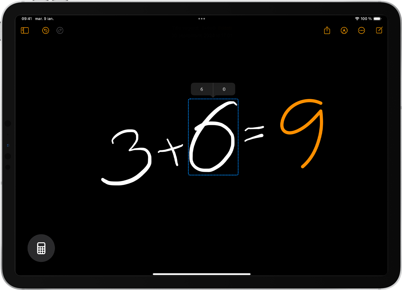 Dispozitiv iPad care arată ecuația „8 + un caracter ambiguu” în Math Notes (Note matematice). Caracterul ambiguu este înconjurat de o linie punctată albastru și există o opțiune de a selecta S sau 5 pentru clarificarea caracterului ambiguu.