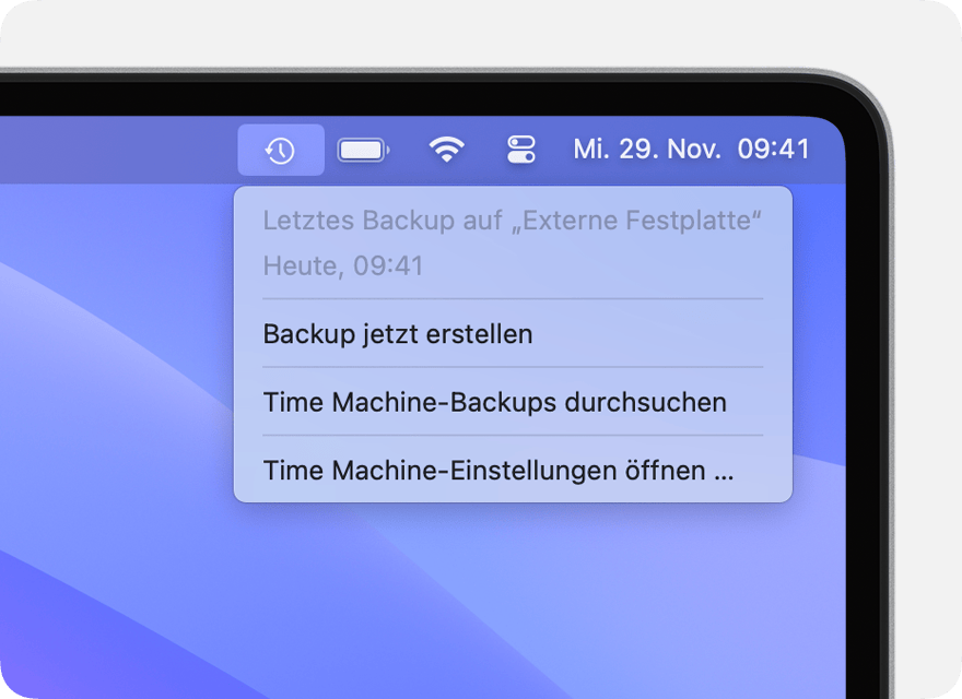 Time Machine-Menü mit Details zum letzten Backup