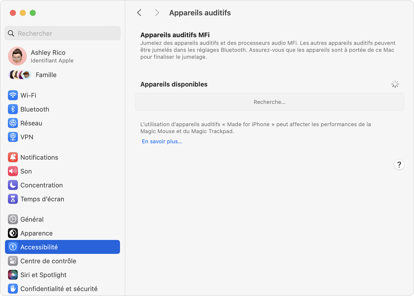 Réglages des appareils auditifs lors de la recherche d’appareils MFi