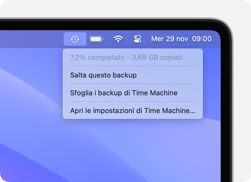 Menu di Time Machine che mostra un backup in corso