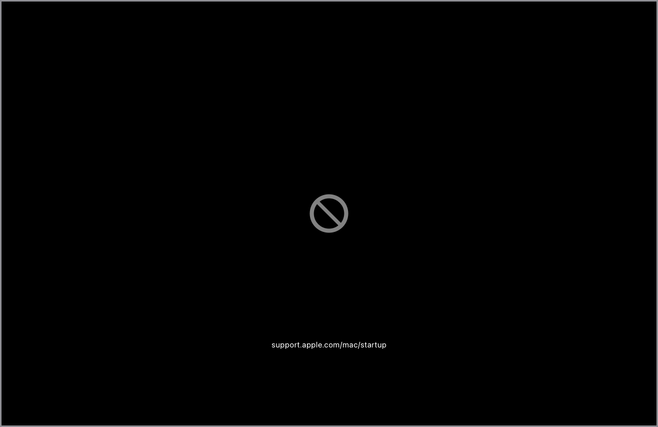 macOS startup screen displaying a prohibitory sign and URL: support.apple.com/mac/startup