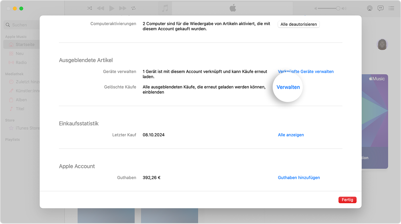 Der Bildschirm „Account-Einstellungen“ für die App „Apple Music“ auf dem Mac. Rechts neben „Ausgeblendete Objekte" befindet sich eine Taste „Verwalten“.