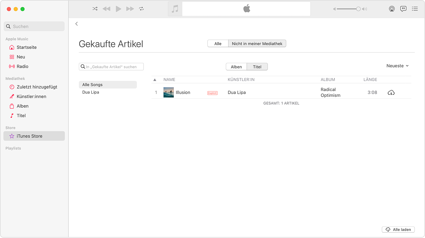 Die App „Apple Music“ auf dem Mac. Der iTunes Store ist in der Seitenleiste ausgewählt. Auf der rechten Seite befindet sich ein Song mit einem Laden-Symbol.