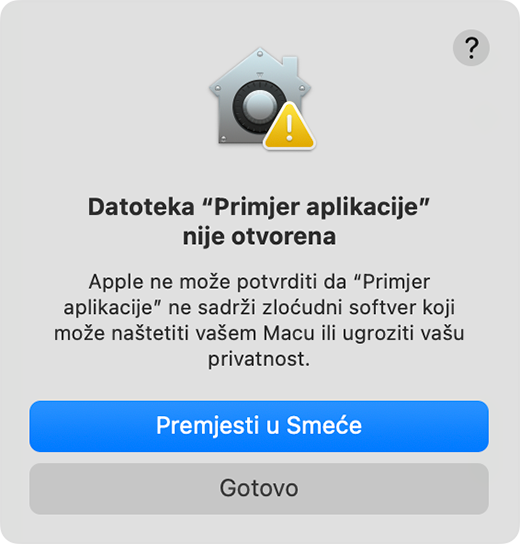 Upozorenje o tome da Apple ne može provjeriti sadržava li aplikacija zlonamjerni softver.