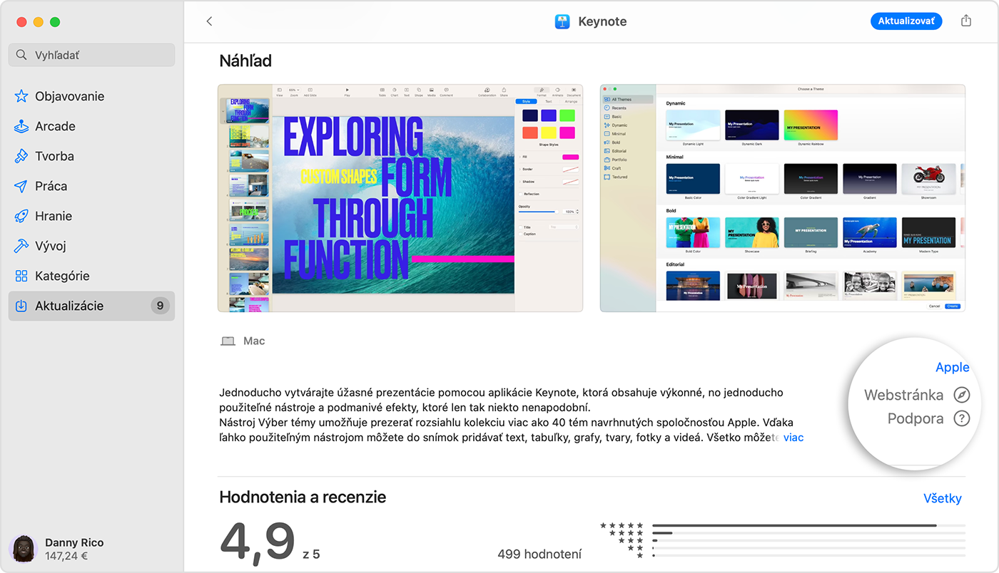 Na Macu je zobrazený App Store so stránkou Ukážka pre Keynote. Vpravo dole sú zvýraznené tlačidlá Websight a Podpora.