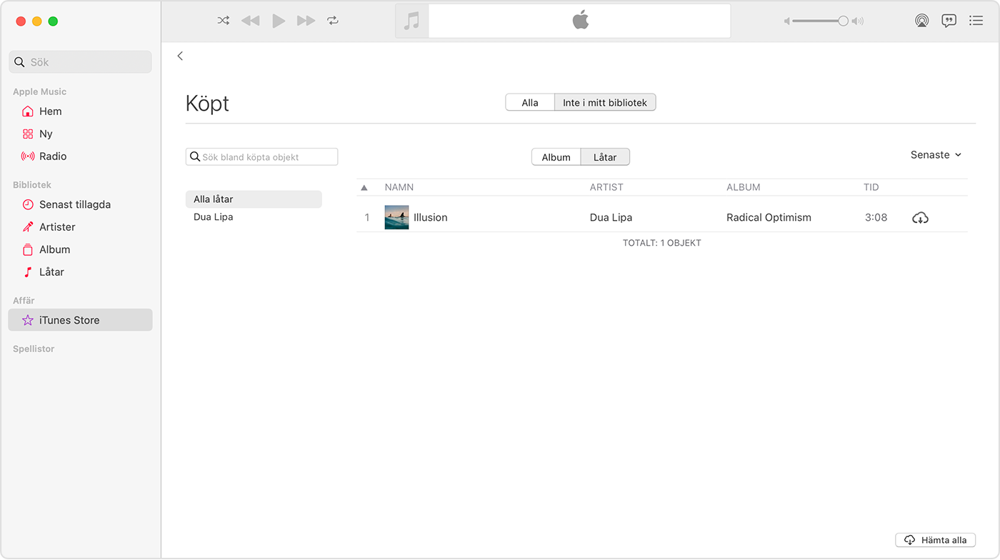 Apple Music-appen på Mac. iTunes Store väljs i sidofältet. Den högra sidan har en låt med en hämtningsikon.