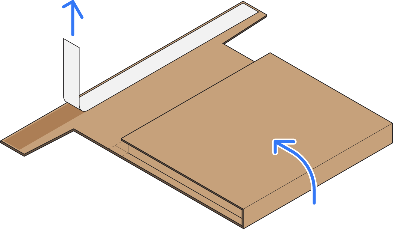 Primer panel doblado hacia el panel central con una flecha que indica la dirección y sin la tira que cubre la cinta