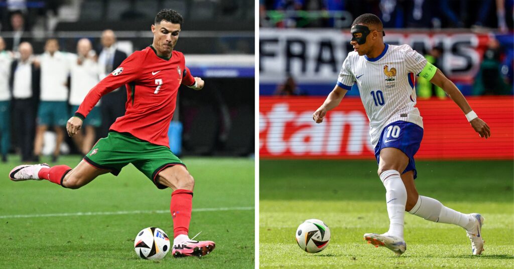 Euro 2024: European Championship in Germany, what it's all about. Euro 2024: Ronaldo vs Mbappé, clash of generations, gives football game some extra spice. This combination file photos made on July 3, 2024, shows, at left Portugal's forward #07 Cristiano Ronaldo during the UEFA Euro 2024 round of 16 football match between Portugal and Slovenia at the Frankfurt Arena in Frankfurt am Main on July 1, 2024; and, at right, France's forward #10 Kylian Mbappe runs with the ball during the UEFA Euro 2024 round of 16 football match between France and Belgium at the Duesseldorf Arena in Duesseldorf on July 1, 2024. | Photo by Javier SORIANO and Kenzo TRIBOUILLARD / AFP