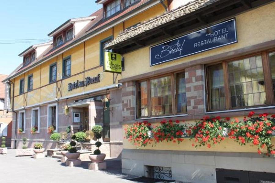 a building with flowers on the side of it at Hôtel Restaurant Au Boeuf in Blaesheim